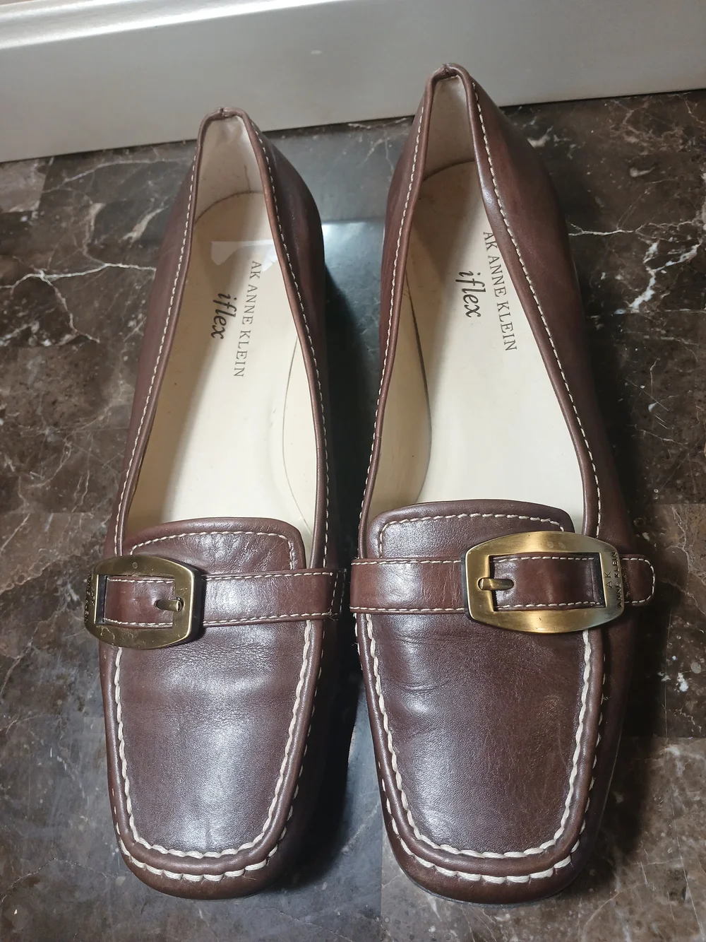 Anne Klein Brown Leather Loafers with Brass Buckle